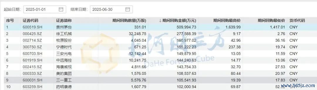 备注：2025年上半年上市公司回购金额前十